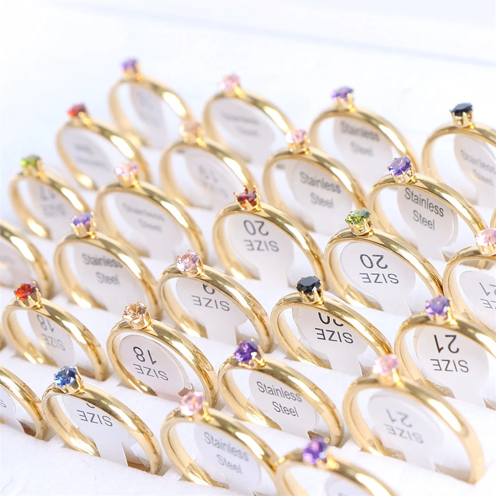 20Pcs/Lot Fashion Colorful Heart Crystal Stainless Steel Rings Jewelry For Women Gold Silver Plated Wedding Party Gift Wholesale