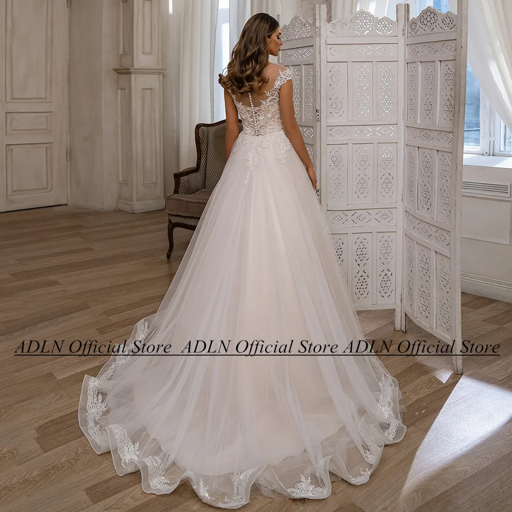 ADLN-Vestido De novia con cuello redondo y manga De casquillo, Vestido De novia con perlas, apliques De tren De barrido, De línea A Vestido De novia, tul Mariee