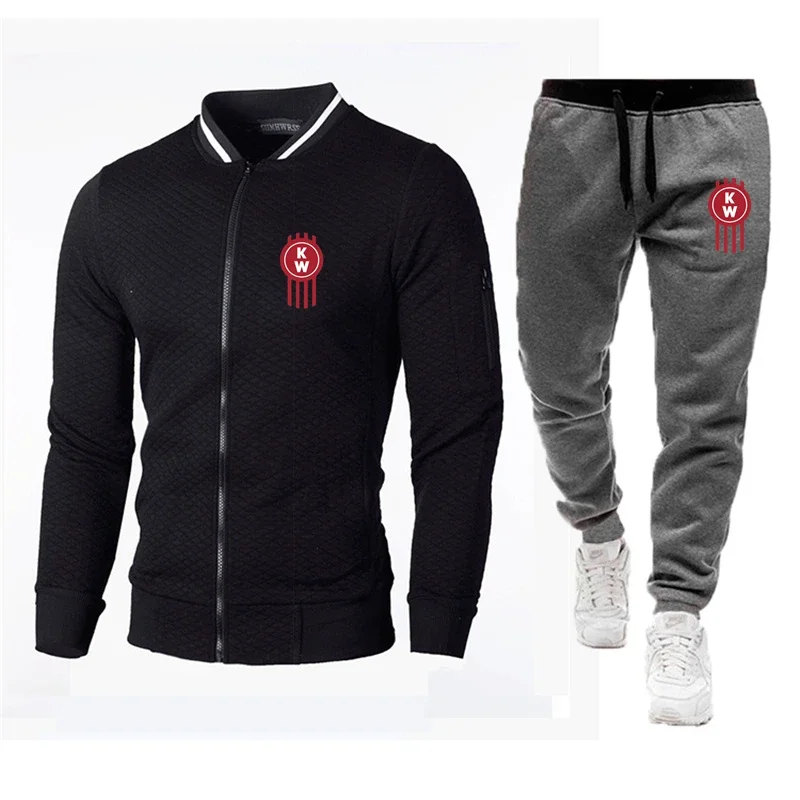 2024 Lente Herfst Nieuwe Kenworth Logo Print Custom Made Warme Effen Kleur Mannen Rits Jack + Broek Zak Casual Man Sportkleding Set