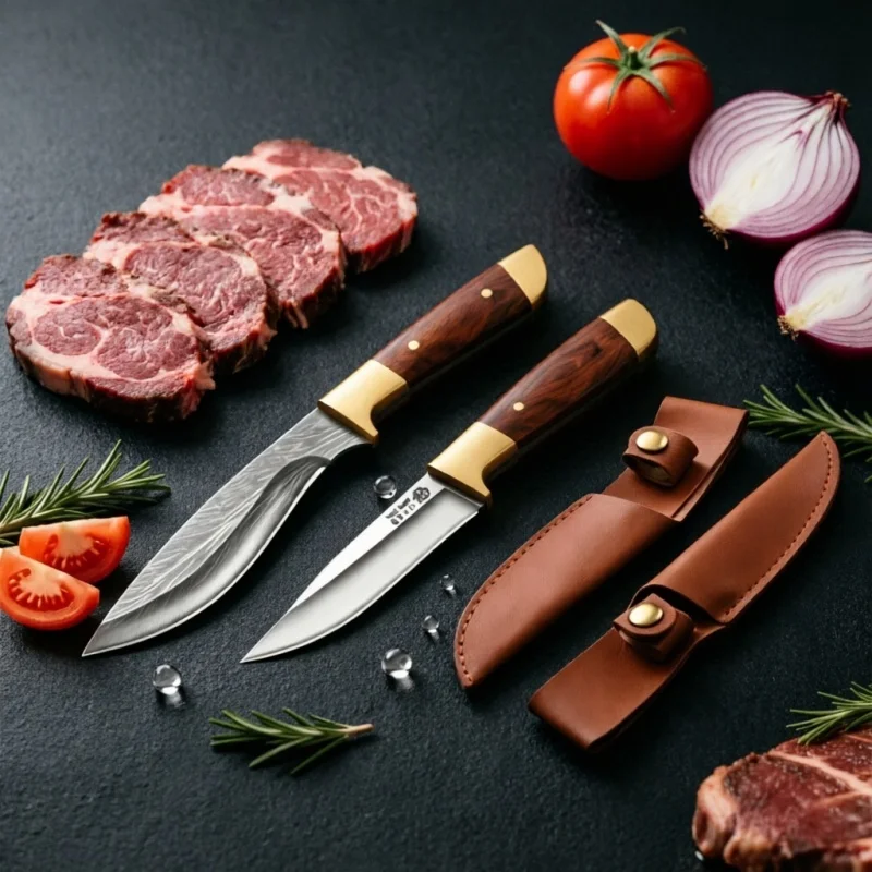 1/2 Pcs Mongolian Style Bone Removing Knife Set Stainless Steel Meat Cutter with Leather Sheath Ultra Sharp for Steak Lamb Fruit