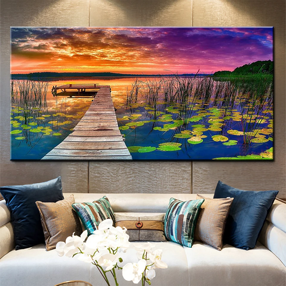 5D DIY Diamond Painting Beautiful Lake Water Lily Sunset Home Decor Embroidery Mosaic Picture Handcraft Kit Large Size Newest