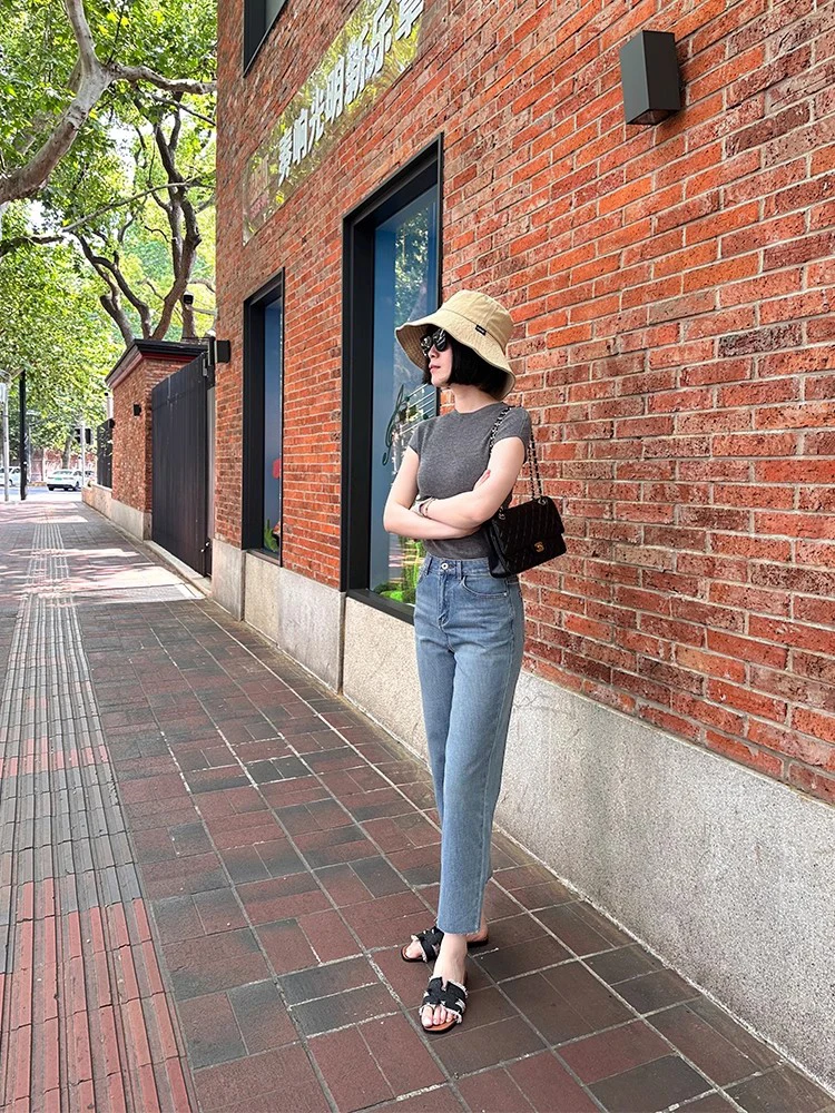 

High Waist Straight Leg Jeans Women's All-Match Acetate Four-Sided Elastic Hem Nine-Piece Pants Casual Summer Denim