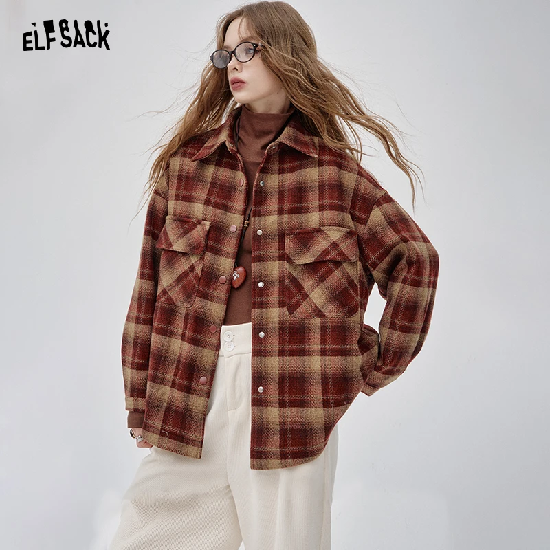 

ELFSACK 2025, зимние новые поступления, повседневная теплая короткая куртка в клетку свободного покроя для женщин