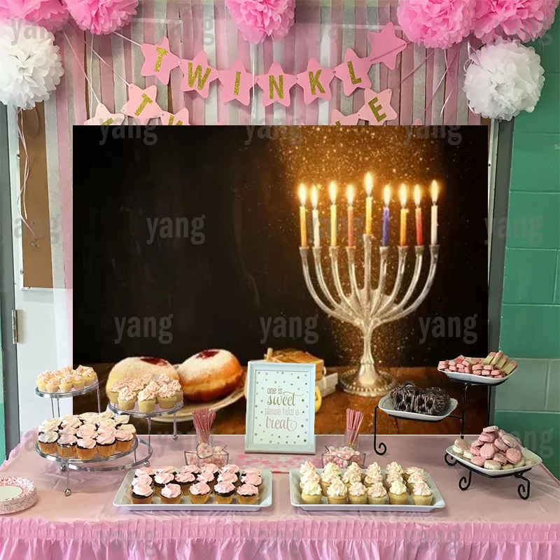 Happy Hanukkah Glitter Photo Studio Photography Backdrop Food Party Decoration Hogata Festival Jewish Holidays Candles Polyester