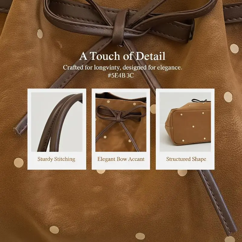 PU Leather Tote Bag Polka Dot Print Lovely Bow Decor Large Capacity Lightweight for Women Weekend Trip Shopping