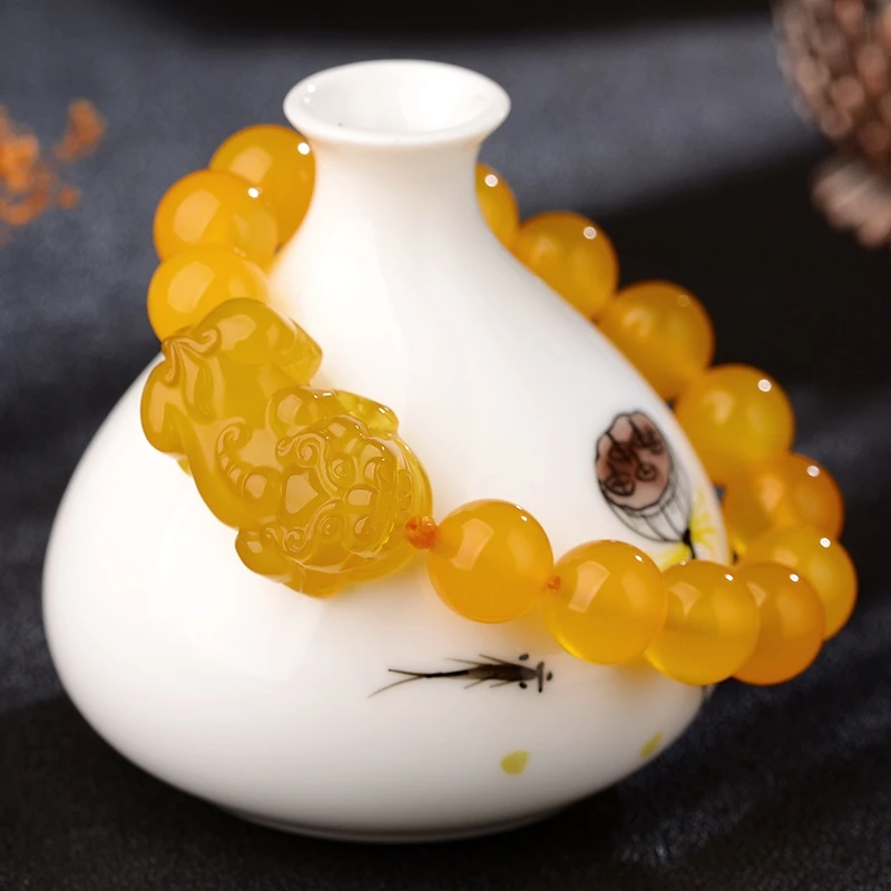 

Nature Yellow Agate Bead Bangle Bracelets Bring Fortune Beast Amulet Pi Xiu Lucky Energy Magical Talisman