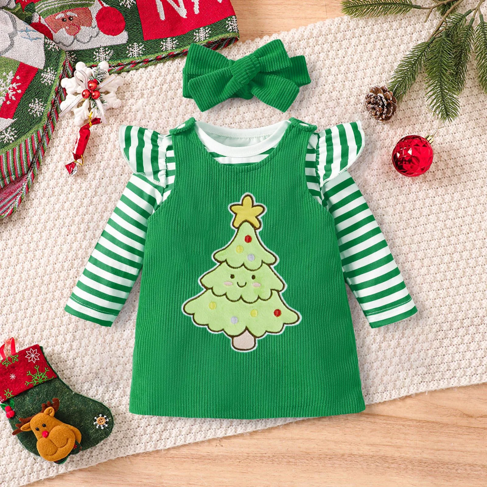 

Рождественские комплекты одежды для маленьких девочек, полосатый комбинезон с длинными рукавами, боди, юбки на подтяжках с героями мультфильмов, наряды, рождественская одежда для малышей