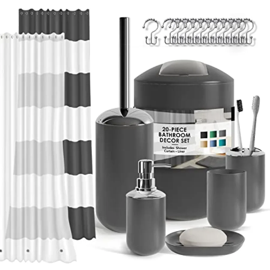 

Bathroom Set - Gray Bathroom Accessories Set, 20PC Bathroom Accessory Set, Shower Curtain Set with Liner, Toothbrush Holder, So