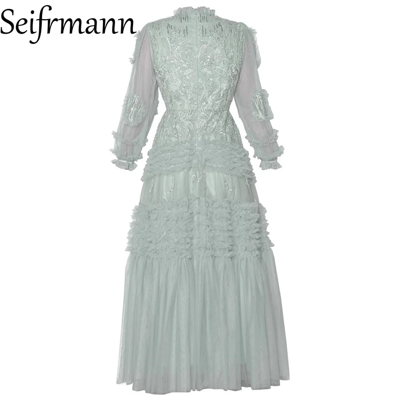 Seifrmann – robe lanterne à col rond pour femmes, nouvelle mode, manches longues, perles scintillantes, taille brodée, printemps 2026 ﻿