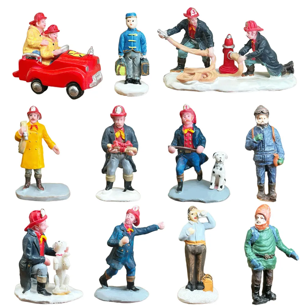 Firefighter Miniature Figurines, Resin Village Scene Decor, Holiday Collectible Gift