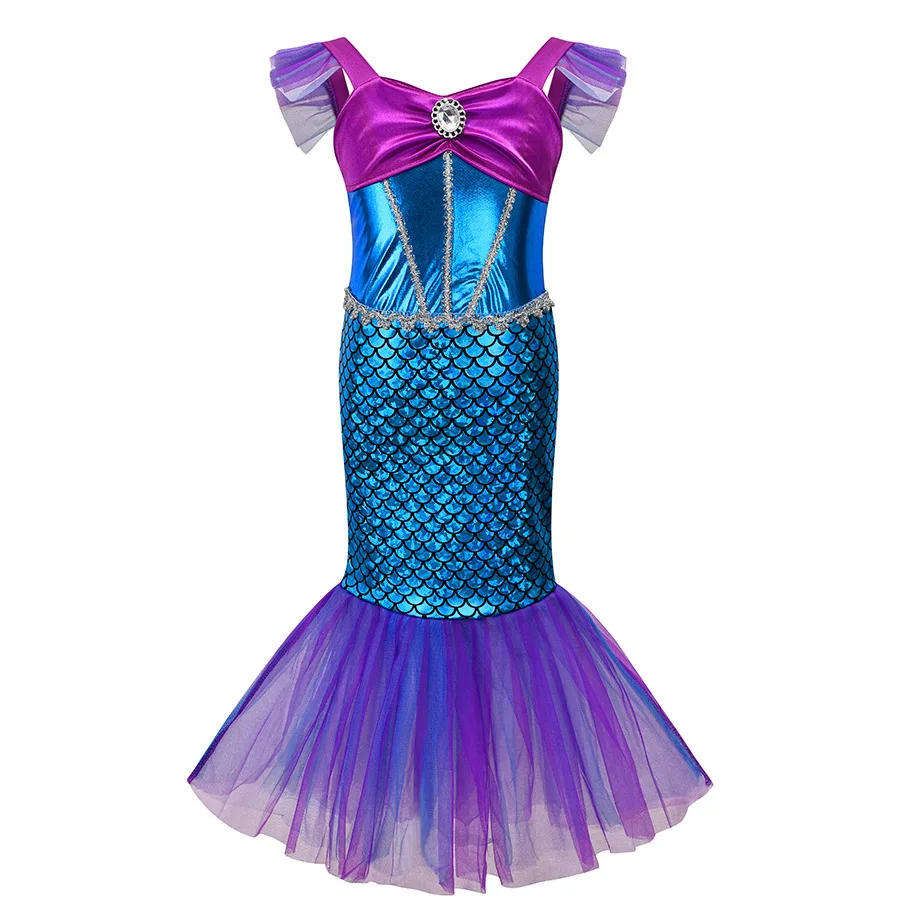 2024 NUOVO due pezzi sirena vestire top e gonna a coda ragazze spalle scoperte abito da principessa Ariel gioco di ruolo bambini abbigliamento di Halloween