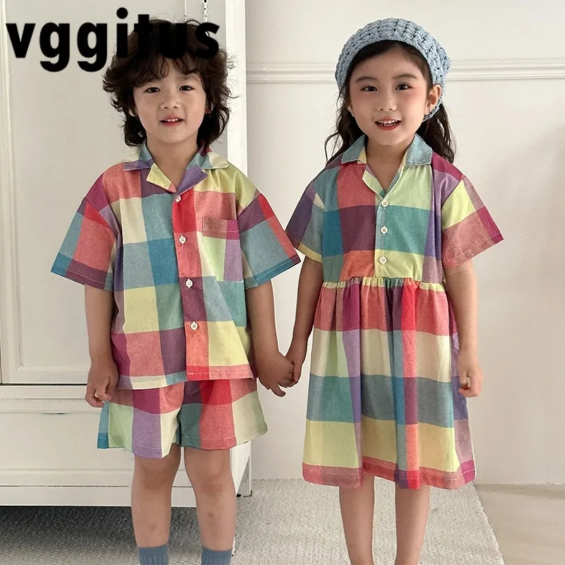 

Summer Family Costume Colorful Plaid Turn-down Collar Shirts/Shorts Sets Short Sleeve Shirt Dress Brother Sisters Outfit H50306