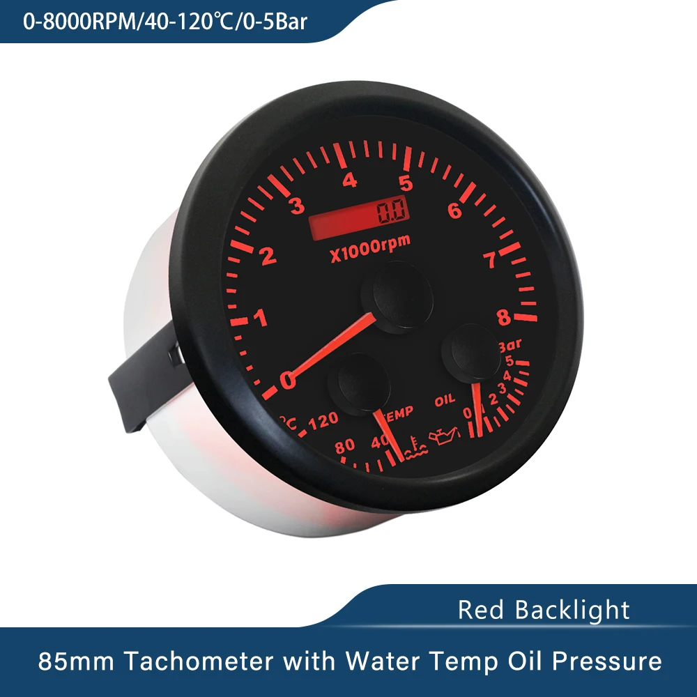 ELING Car Boat 85mm Multifunctional 0-60MPH Speedometer Tachometer Water Temp Oil Pressure 0-80PSI 5Bar 10Bar with Red Backlight