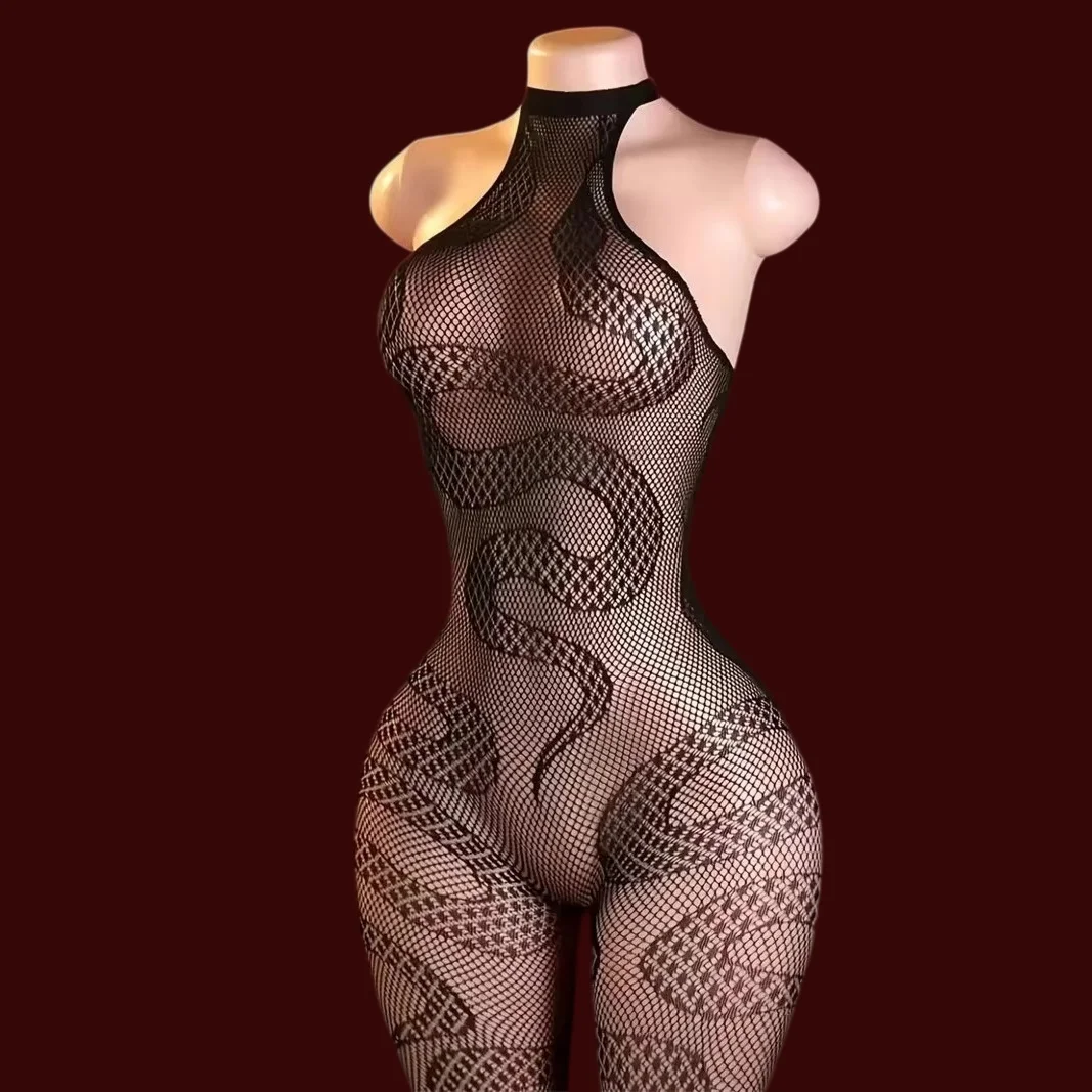 Snake Print Sleeveless Design Bodysuit Set Lingerie Sleepwear,Sexy Fishnet Hollow Out Elastic Fishnet Bodystocking
