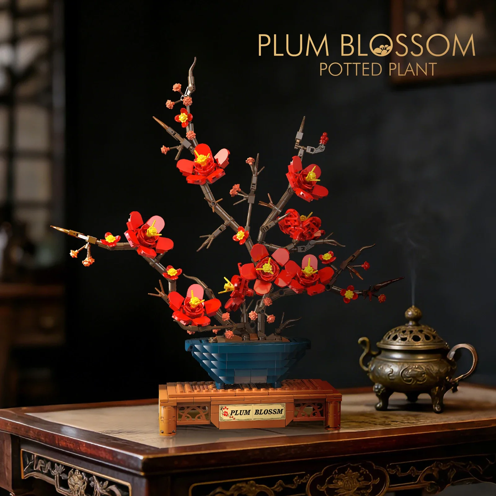 

736PCS Oriental Plum Blossom Bonsai Building Set - Chinese Style Flower Pot Model, Symbolic Home Decor & Creative Gift