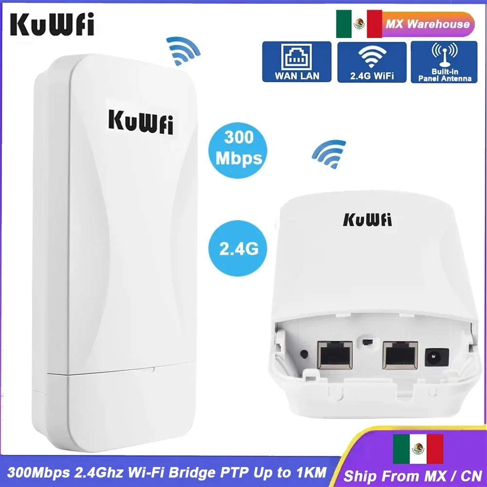 

KuWFi 300Mbps 2.4GHz Wifi Bridge Wireless CPE Router Point to Point 1KM WiFi Signal Extender AP Repeater Mode WAN LAN 24V POE