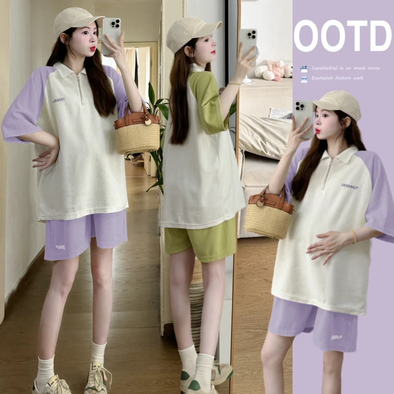 Summer Maternity Tees Suit Set Polo Shirts Belly Shorts Sweet Casual Clothes for Pregnant Women During Pregnancy Hospital Wear