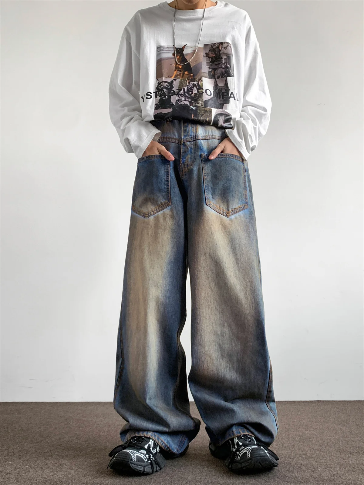 

Waed American Sle Dir Jeans Men's High Street Trendy Loose Vintage Wide Leg Floor-Length Casual Trousers