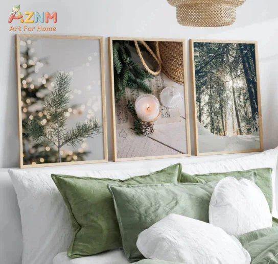 AZNM  Neutral Winter Forest Canvas Wall Art, Snow Pine Tree Candle Christmas Print Frameless Canvas Painting, Minimalist  Xmas