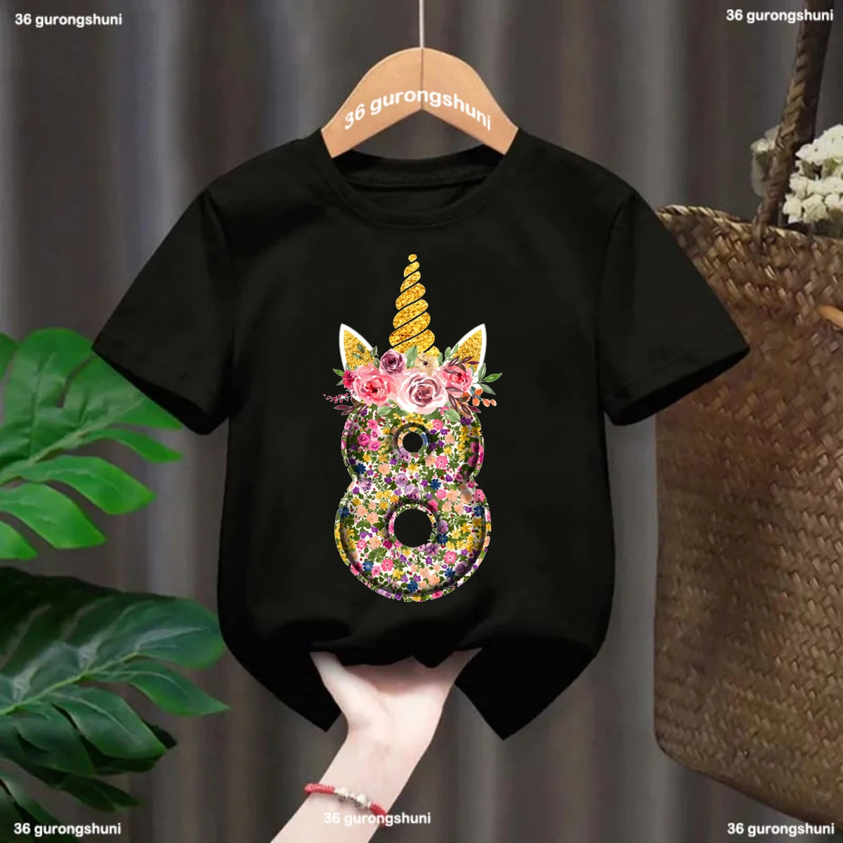 New Colorful Flowers Unicorn T Shirt Birthday Present Number 6 7 8 9 10 T-Shirt Little Girls Kids Clothes Short Sleeve Baby Tops