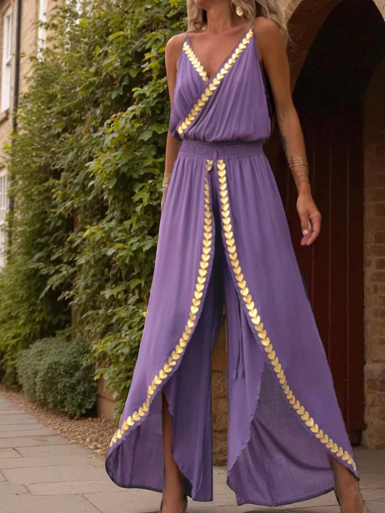 

2025 New Fashion Ladies Streetwear Purple Gold Embroidery Leaf Pattern Trimmed V Neck Split Legs Jumpsuits for Woman Y2K Clothes