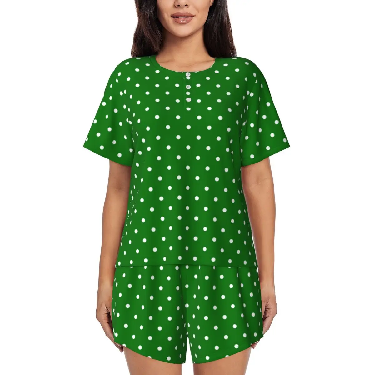 White Polka Dot Pajamas Women Christmas Green Kawaii Nightwear Daily Short-Sleeve 2 Piece Bedroom O Neck Pattern Pajama Sets