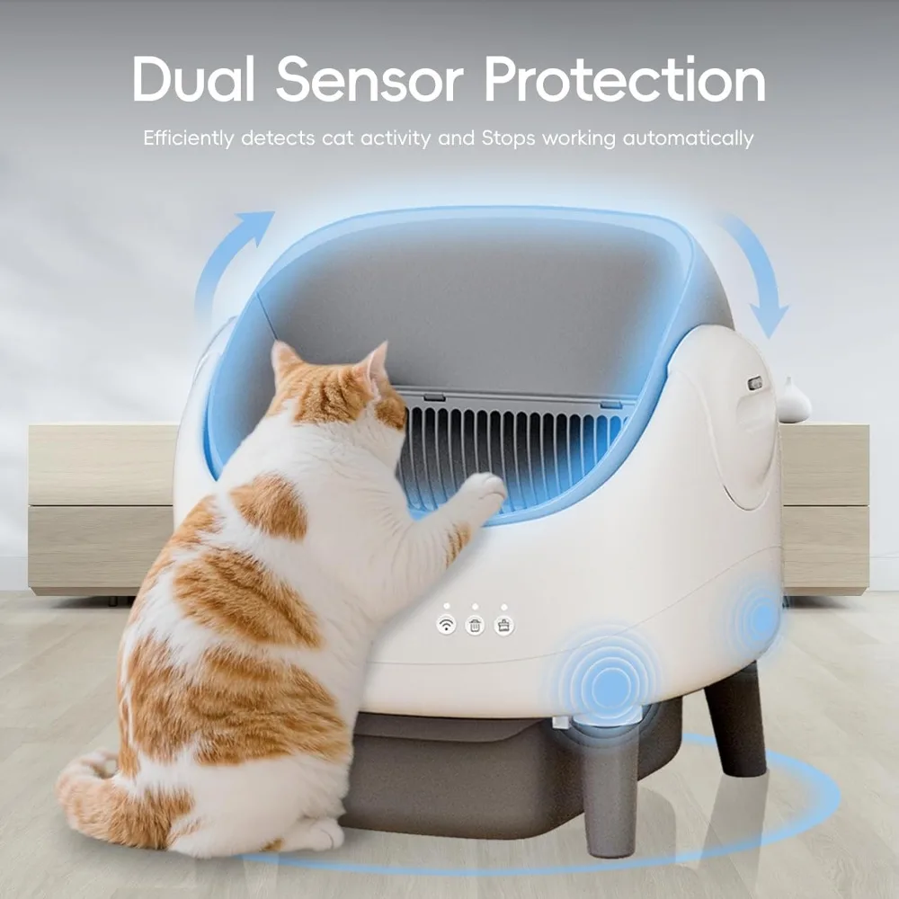 صندوق نفايات ذاتي التنظيف بسعة كبيرة مع تشغيل تلقائي، وأجهزة استشعار أمان مزدوجة، وميزة مضادة للقرصة، واتصال التطبيق