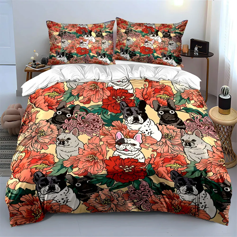 

French Bulldogs and Floral Patterns Duvet Cover Set with 3D Printing Design Soft Polyester Bedding Set All-Season Comfort
