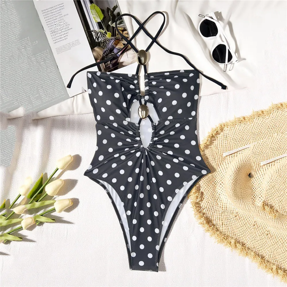 Sexy String Halter Hollow Out Monokini One Piece Swimsuit Woman 2026 Black Dot Print Swimwear Metal Ring Bathing Suit Bodysuits