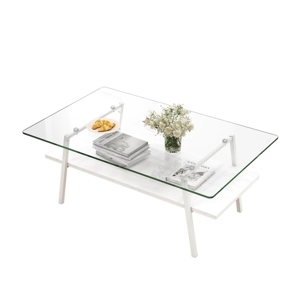 

Coffee Table 2 Tiers Center Table w/Tempered Glass Top & Wood Shelf w/Metal Legs
