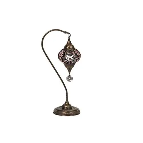 LaModaHome English Moroccan Handmade Mosaic Glass Curvy Swan Neck Table Lamp Light with Decorative Dark Polished Copper Fixture