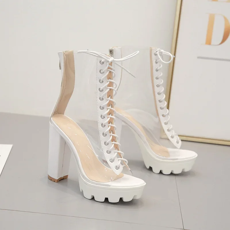 Comemore 2024 PVC Transparent Sandals Boots Open Toe Lace-up Gladiator High Heels Summer Shoes Platform Heel Sandal Big Size 42