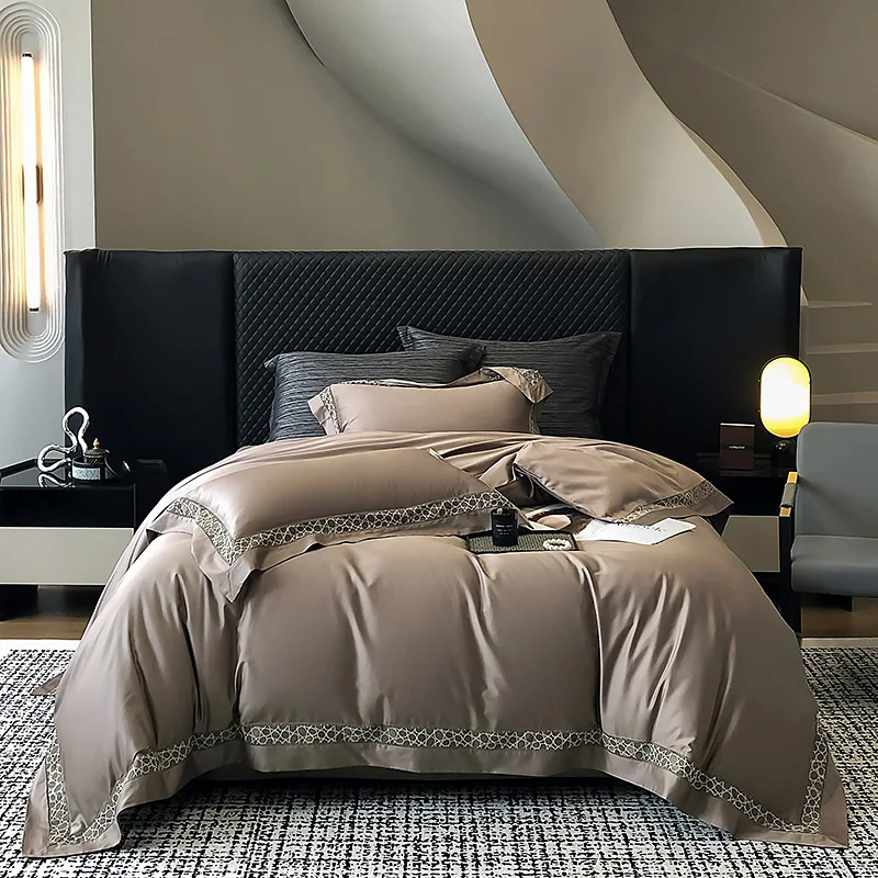 1200TC Egyptian Cotton Brown Hollow Lace Wide Edge Embroidery Bedding Set Duvet Cover Set Flat/Fitted Bed Sheet Pillowcases 4Pcs