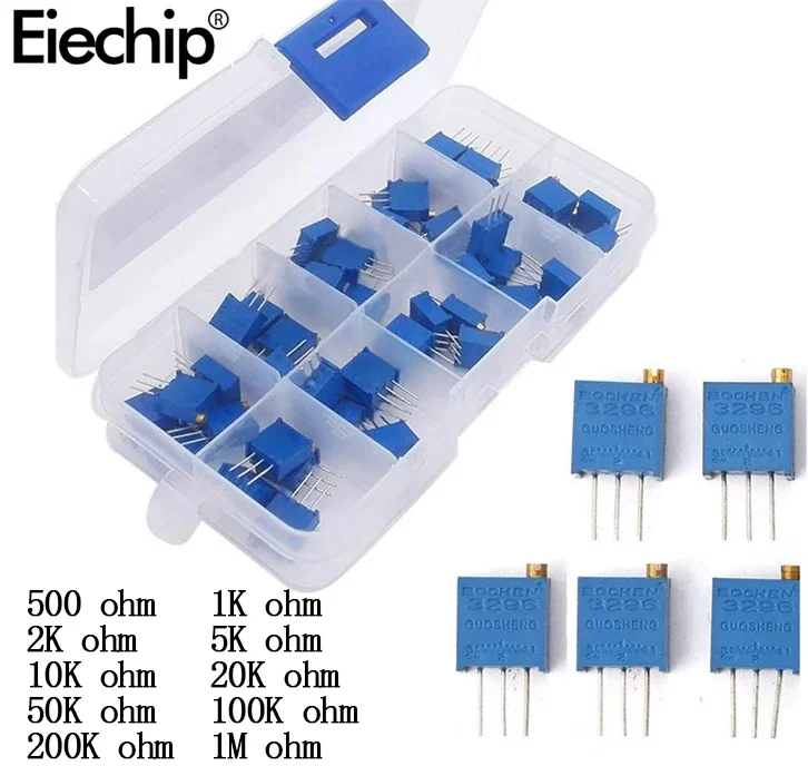 50pcs/lot 3296W series 500R 1K 2K 5K 10K 20K 50K 100K 200K 1M multi-turn potentiometer 10K Variable resistors  With box set