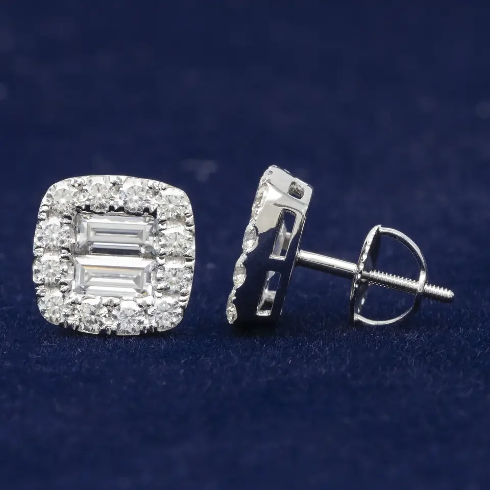 Shining Moissanite Jewelry Screw Back Stud Earring 925 Silver 10K 14K 18K Gold VVS Baguette Moissanite Hip Hop Earrings