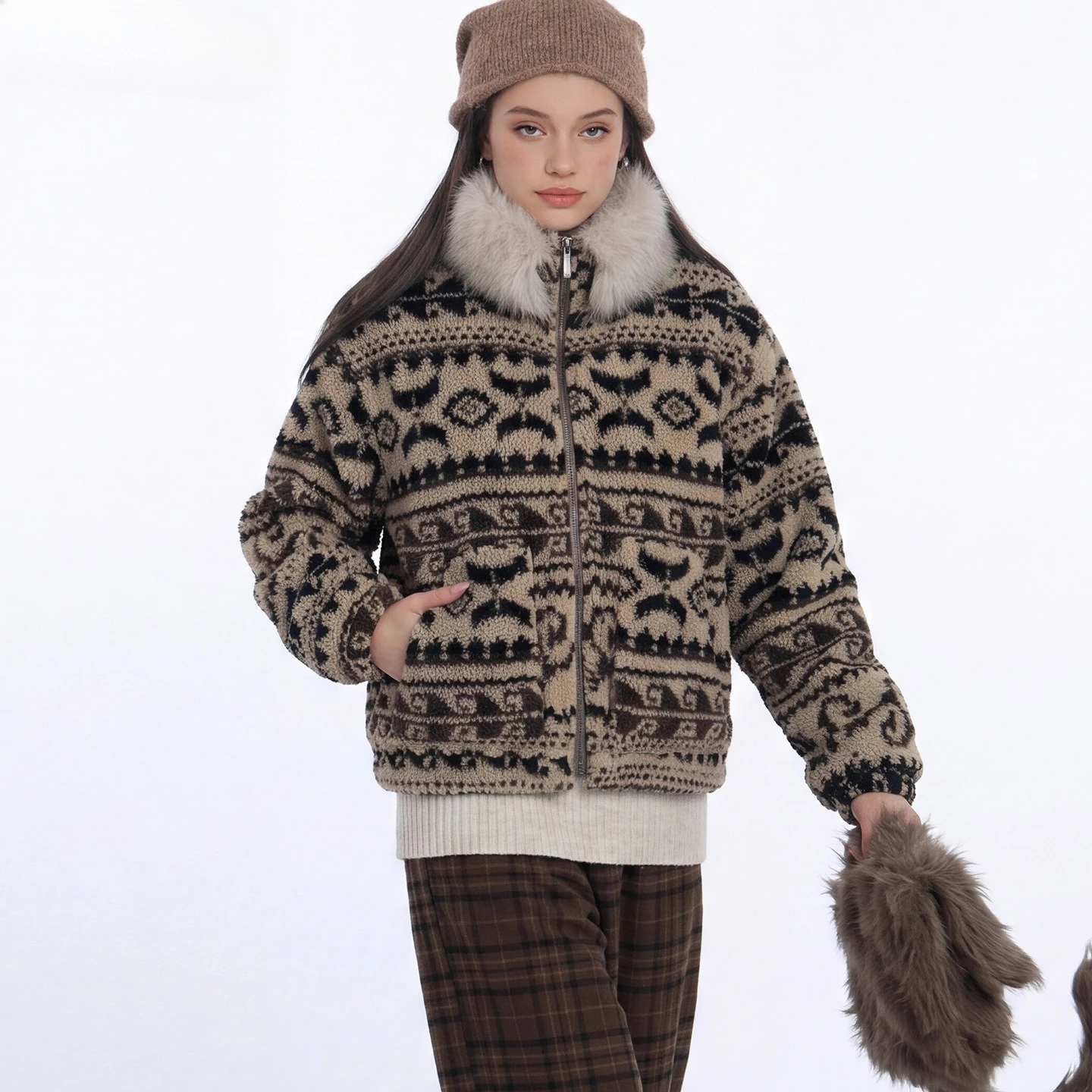 Fair Isle Knit Jacket Faux Fur Collar Winter Warm Thick Spliced Outerwear Trendy Cozy Soft  Women's Elegant Simple Fashion Coats