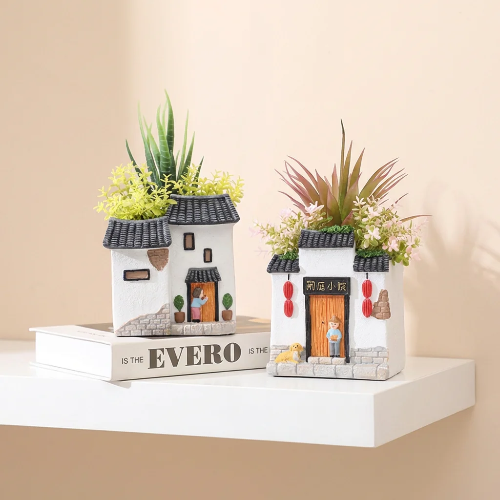 4-Inch resinss Retro Farmhouse Country Garden Flower Pots & Planters Unique Home Decor Items with Drainage for Courtyard & Garde