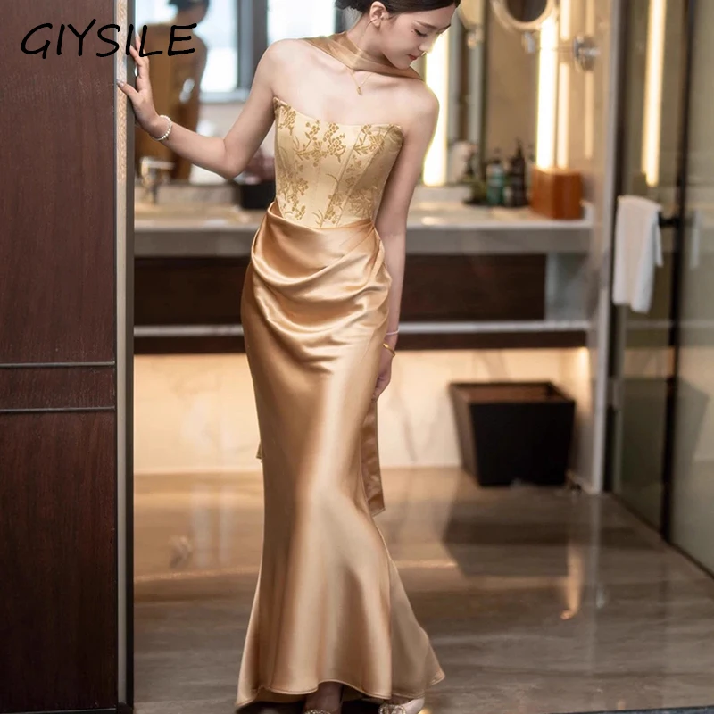 GIYSILE Champagne Gold Satin Mermaid Evening Dress Strapless Embroidered Bodice Floor-Length Formal Prom Wedding Party Dresses