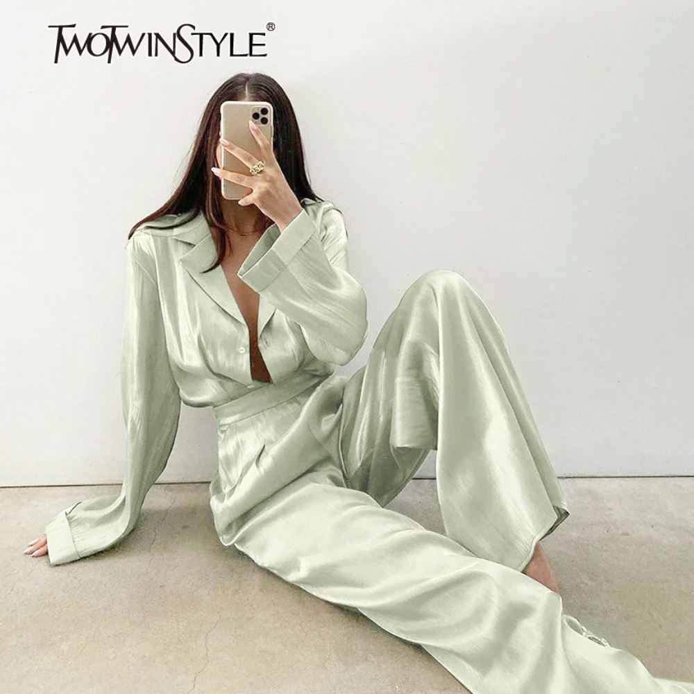 

TWOTWINSTYLE Solid Two Piece Set for Women Lapel Long Sleeve Spliced Single Breasted Blazer High Waist Pant Elegant Sets Female
