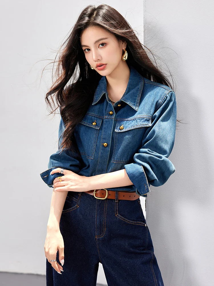 Korean Style Casual Loose Retro Long-Sleeved Denim Shirt Women 2024 New Simple Fashion Commuter Denim Coat Tops