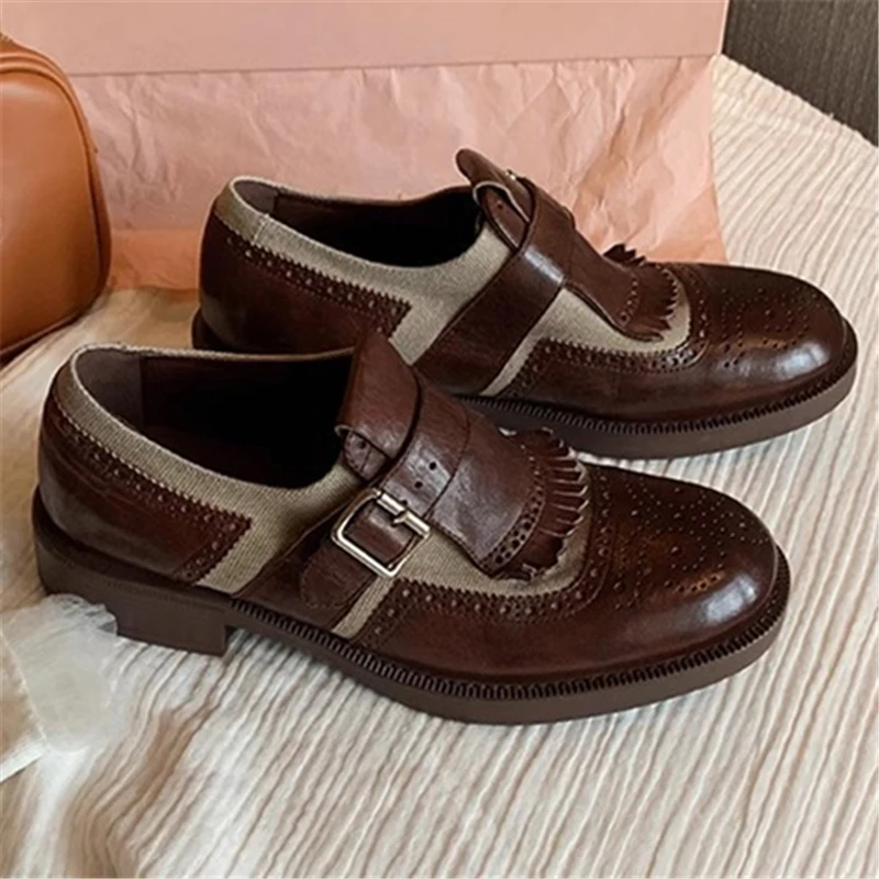 

British Style Tassel Leather Shoes Fashion Thick Sole Platform Belt Buckle Casual Pumps Mixed Color Luxury Designer Single Shoes