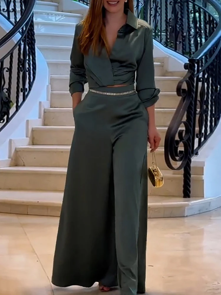Wrinkled Temperament Shirt&Wide Leg Pants 2pc Set Chic Lapel Long Sleeved Slim Suit Simple Solid High Waist Office Commut Outfit
