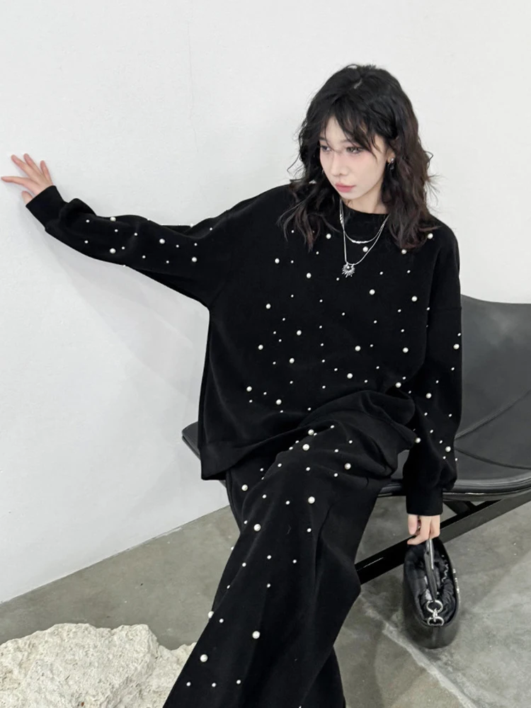 [EAM] Nailed Big Size Sweatshirt Wide Leg Pants 2 Pcs Suit New Round Neck Long Sleeve Women Fashion Spring Autumn 2025 1DH4795