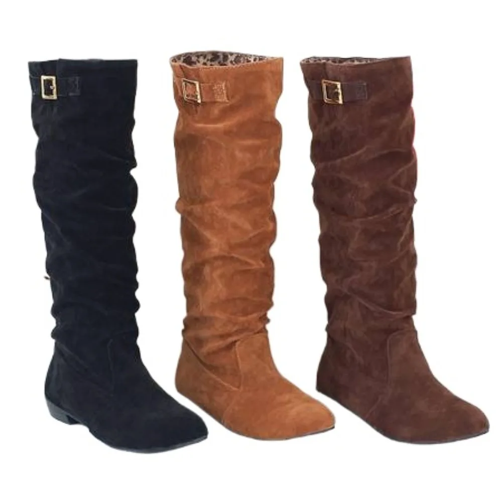Knee High Boots Women Low Heel Round Toe Fashion Pleated Belt Buckle Black Yellow Brown Party Dress Casual Long Boots 889-1