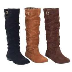 Knee High Boots Women Low Heel Round Toe Fashion Pleated Belt Buckle Black Yellow Brown Party Dress Casual Long Boots 889-1