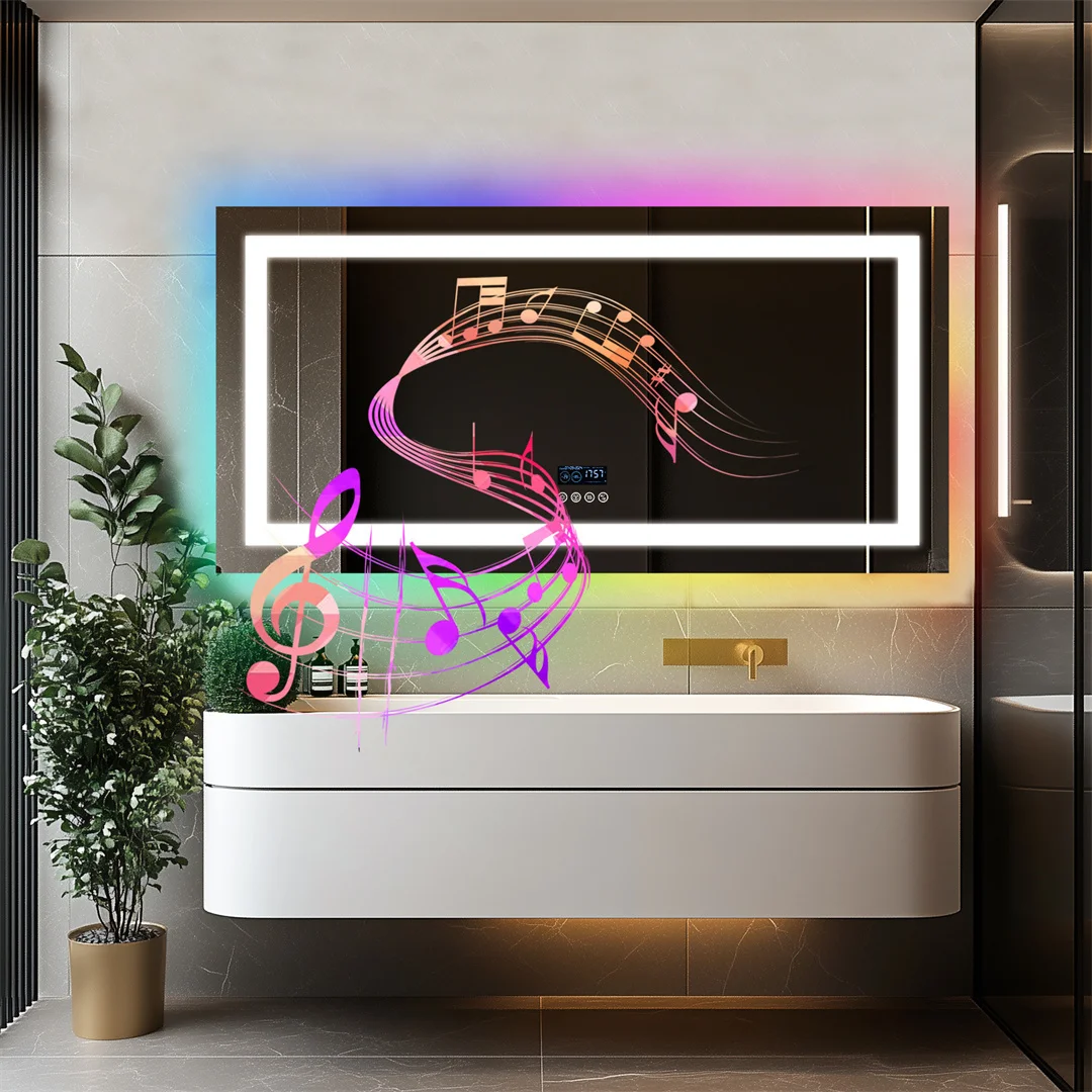 LUVODI Large Rectangular RGB Backlight Bathroom Mirror with Stereophonic Bluetooth Speaker Wall Mounted Vanity Dressing Mirror