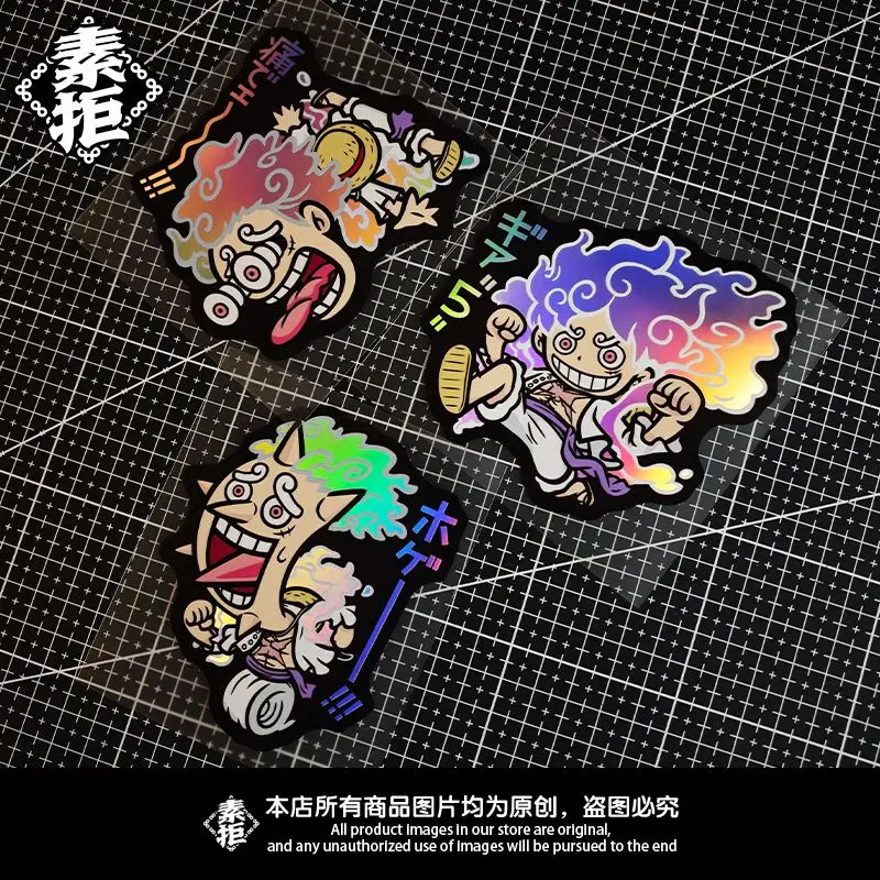 One Piece Nika Monkey D. Luffy Laser Sticker Car Sticker Motorcycle Sticker Waterproof Sunscreen Sticker Scratch Cover Gift view 2