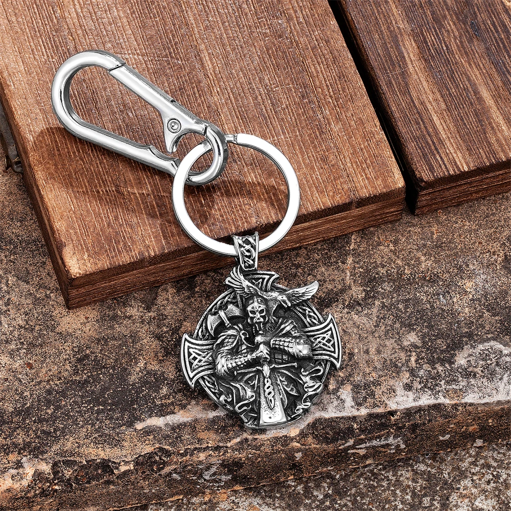 Vintage Norse Odins Raven Keychain Viking Knight Cross Pendant Amulet Men Stainless Steel Car KeyRing Scandinavian Jewelry Gifts