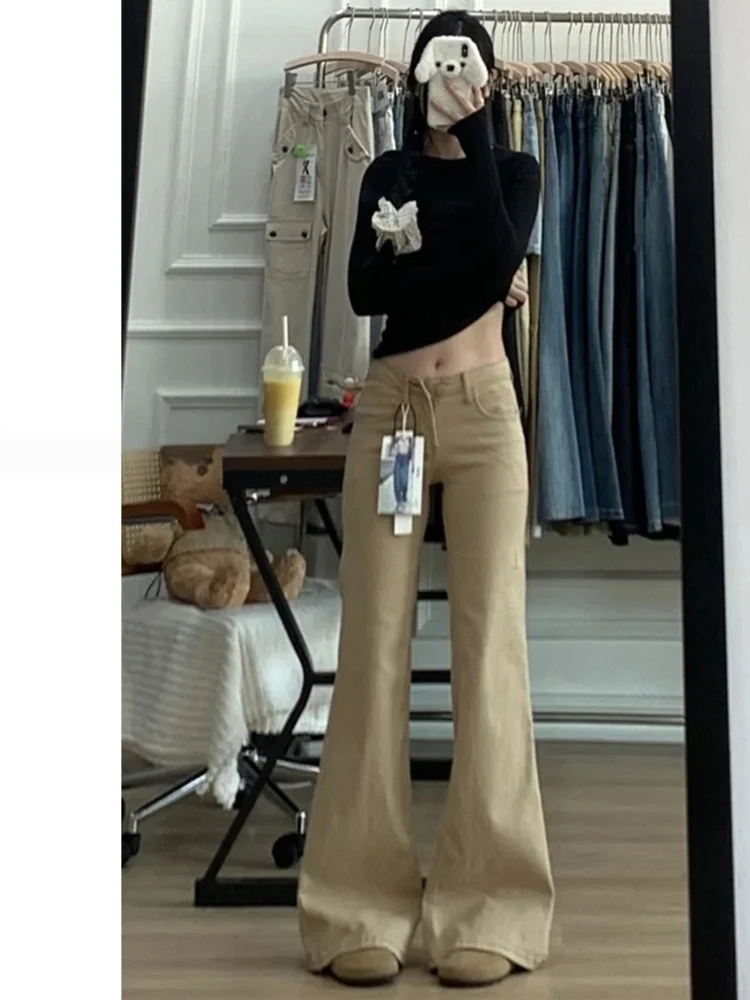 كاكي Fce مبطن متوهج الجينز المرأة منخفضة الخصر التخسيس Bootcut السراويل مريحة للتنفس ارتداء مقاومة لينة تمتد