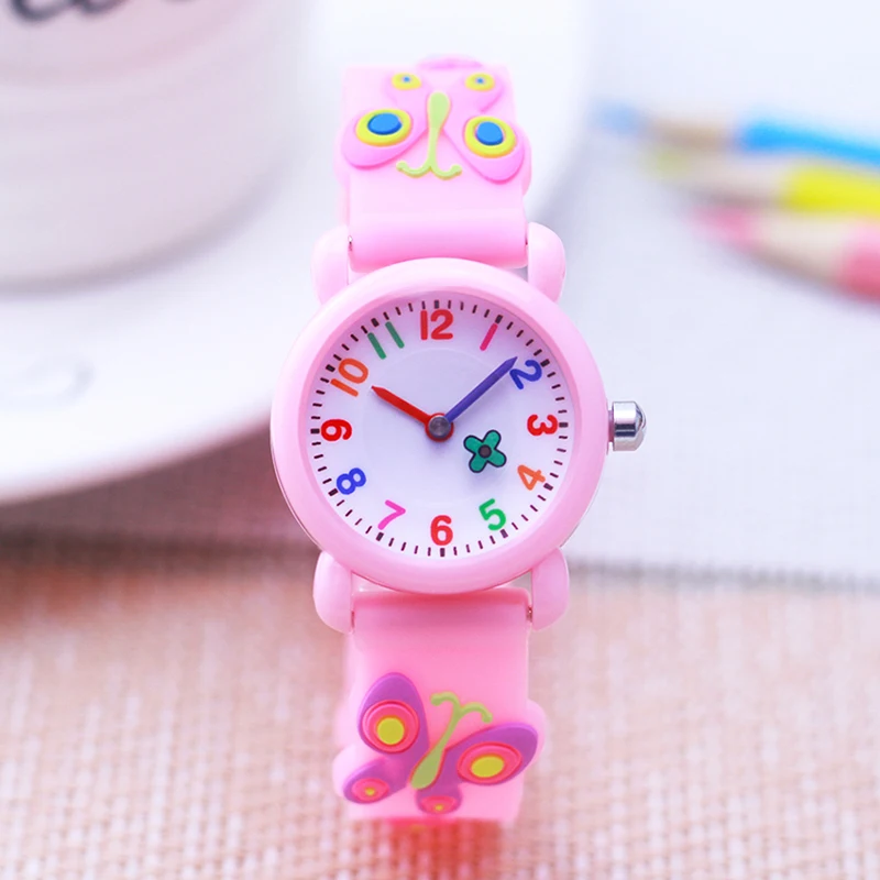 Lovely Cute Girls Woman 3D Butterfly Rotate Grass Hands Quartz Watches Beauty Flowers Pink Purple Five Colors For Baby Students